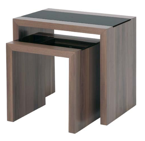 "Supra" Matching Tables in Walnut & Black Glass. Console or Nesting Pair.