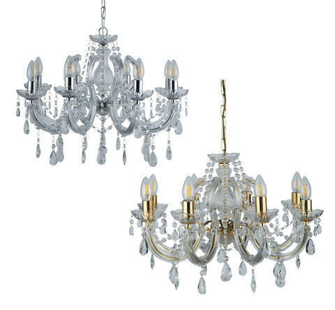 Searchlight 8-Arm Marie Therese Glass Crystal Chandelier in Chrome or Brass