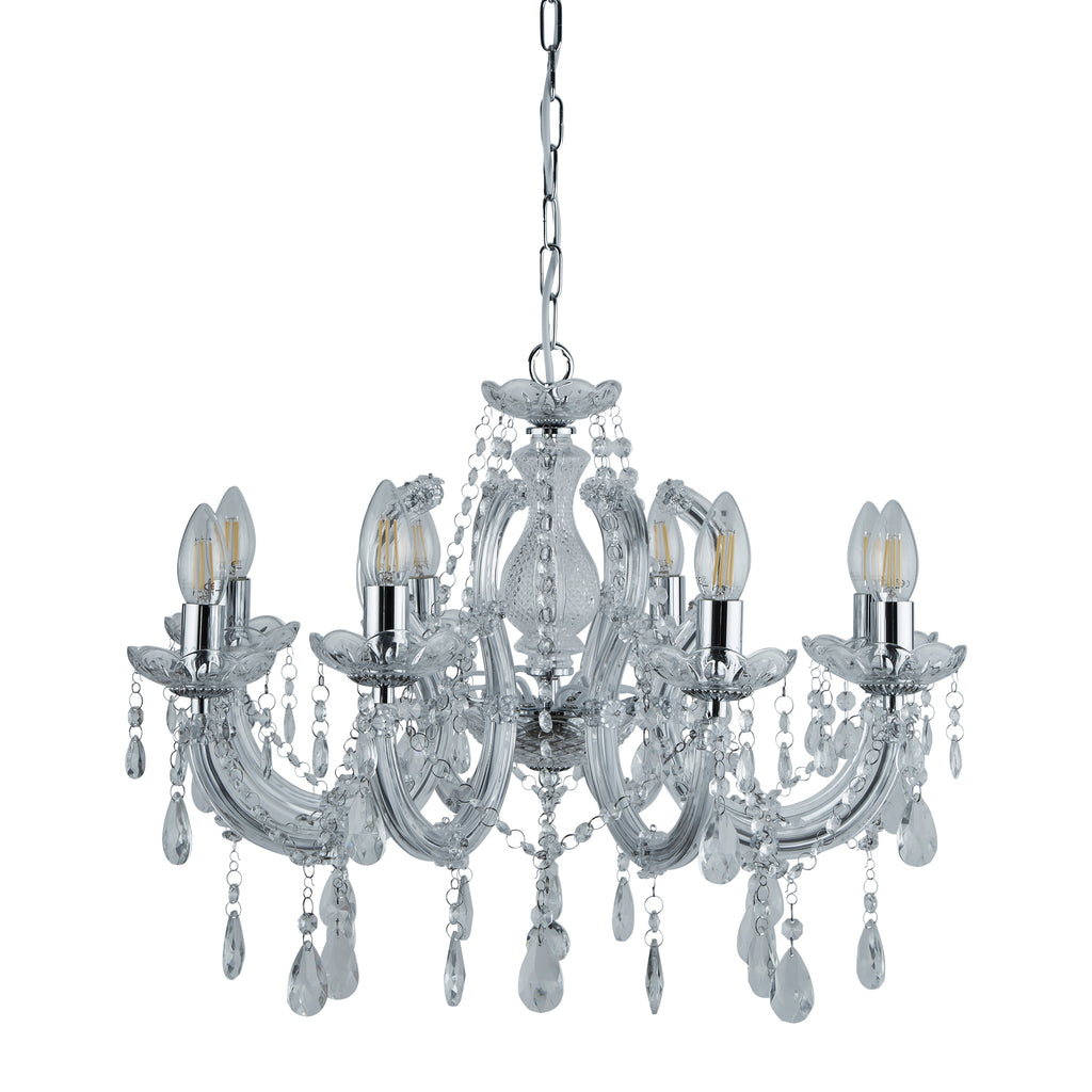 Searchlight 8-Arm Marie Therese Glass Crystal Chandelier in Chrome or Brass