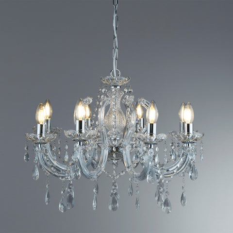 Searchlight 8-Arm Marie Therese Glass Crystal Chandelier in Chrome or Brass