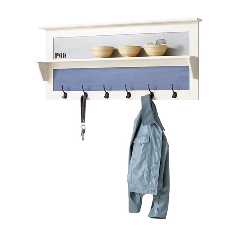 "Sylt" 110cm Traditional Hallway Coat Rack Hanger With Shelf, White & Blue.