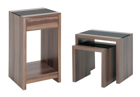 "Supra" Matching Tables in Walnut & Black Glass. Console or Nesting Pair.