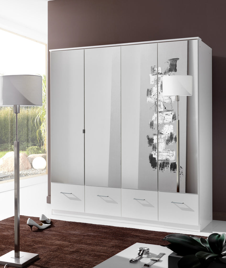 Qmax 'Imagine' 4-Door 180cm Wardrobe. German Bedroom Furniture. White & Mirror