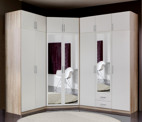 Qmax 'Space' Wardrobes. German Made Bedroom Furniture. Alpine White & Washed Oak