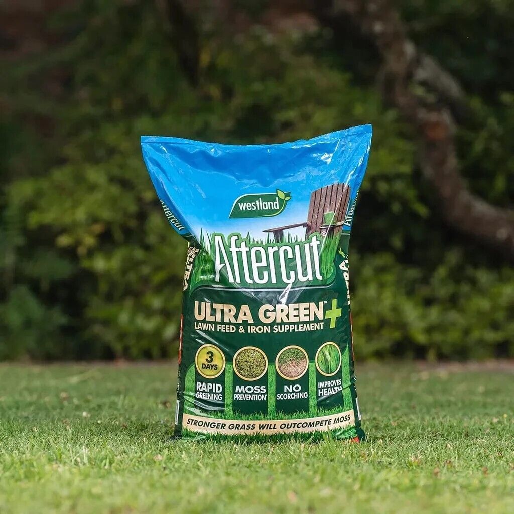 Aftercut Ultra Green plus Lawn Feed Iron Supplement Moss prevention 350m2