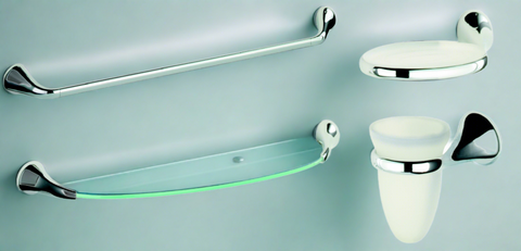 "Flow" 4 Piece Bathroom Accessory Set. Shelf, Rail Soap & Toothbrush Holder