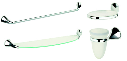 "Flow" 4 Piece Bathroom Accessory Set. Shelf, Rail Soap & Toothbrush Holder