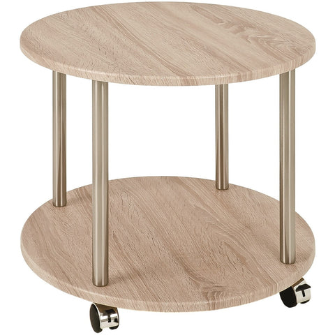 Round 2-Tier Side Table, With Castors, Light Oak on Brass Tone Legs.