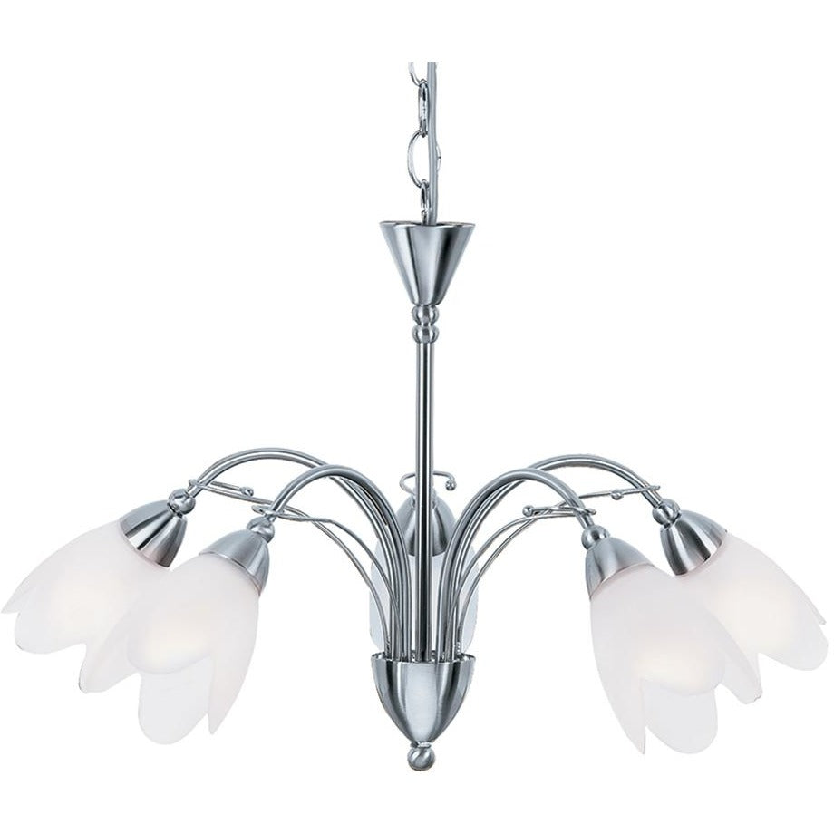 Searchlight "Petal" 4905-5SS Frosted Glass Light Chandelier Satin Silver, [product_variation] - Freedom Homestore