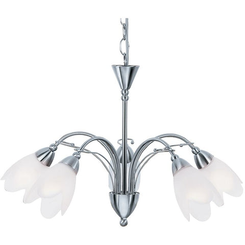 Searchlight "Petal" 4905-5SS Frosted Glass Light Chandelier Satin Silver
