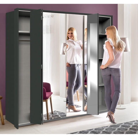 ASSEMBLY INCLUDED Qmax 180cm Bi-Fold Mirror Wardrobe 'Berlin'. German Bedroom Furniture. Graphite