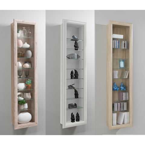 "Bora-9" Wall Mounted Display Cabinet Shelving. Glass & Wood. Vertical.