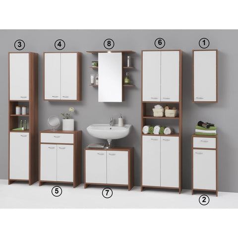 *CLEARANCE* "Madrid" White & Walnut Bathroom Cabinet Range.