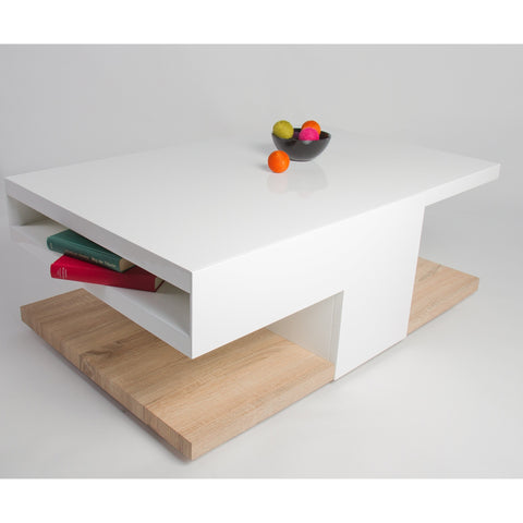 MCA "Aaron" High-Gloss White & Oak Designer Coffee Table With Storage