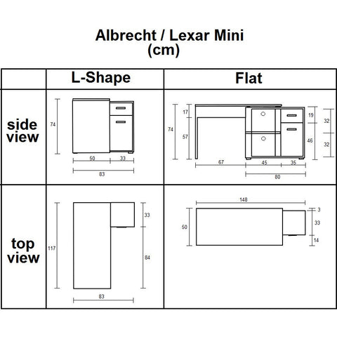 Albrecht Desk Dimension Diagram and Configuration Table.