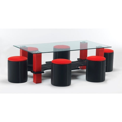 Luxor Faux Leather Glass Coffee Table With 6 Matching Stools. Black & Red